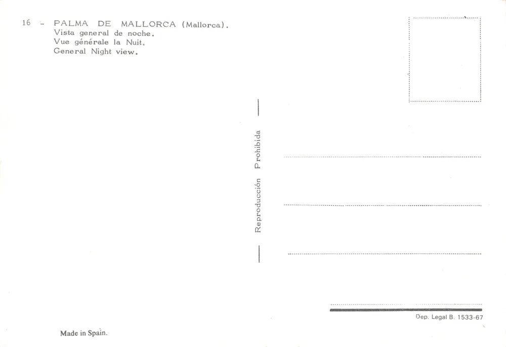 Palma de Mallorca — allgemeiner Blick von Nacht — Verlag Made in Spain, Nr. 16 - Rückseite