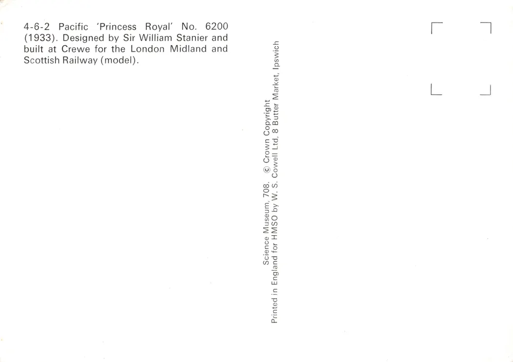 LMS Pacific 'Princess Royal' Nr. 6200 — Modell — Verlag W. S. Cowell Ltd, Ipswich - Rückseite