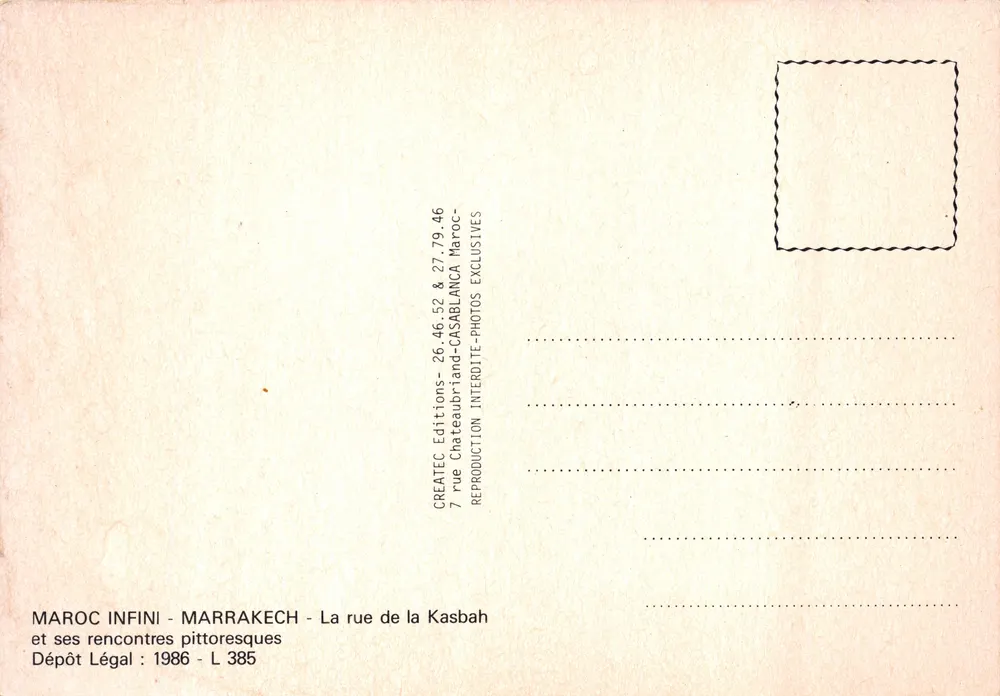 Marrakech — Platz der Kasbah mit Kutsche und Musiker — CREATEC Editions - Rückseite