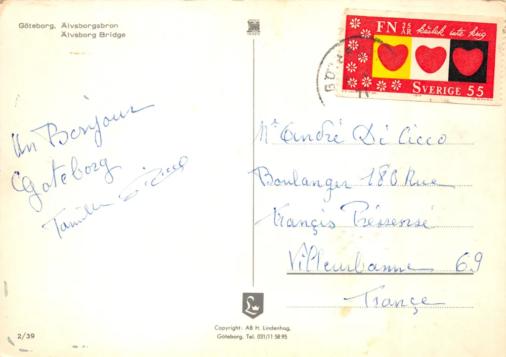 Göteborg — Pont d'Älvsborg — éditeur AB H. Lindenhag, n° 2/39 - Verso