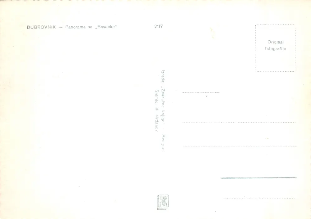 Dubrovnik — Panorama von „Bosanka“ — Verlag Zadružne knjige, Belgrad, Nr. 2117 - Rückseite