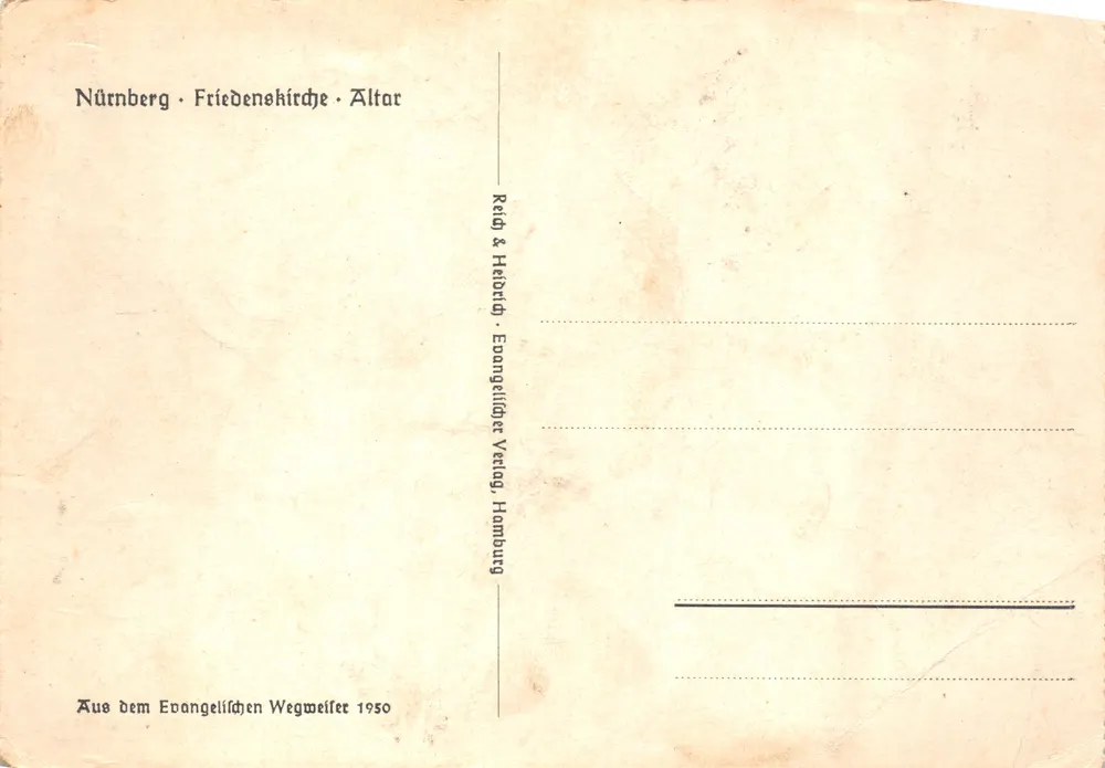 Nürnberg - Friedenskirche - Altar — Verlag Reich & Heboldt, Seriennummer nicht sichtbar - Rückseite
