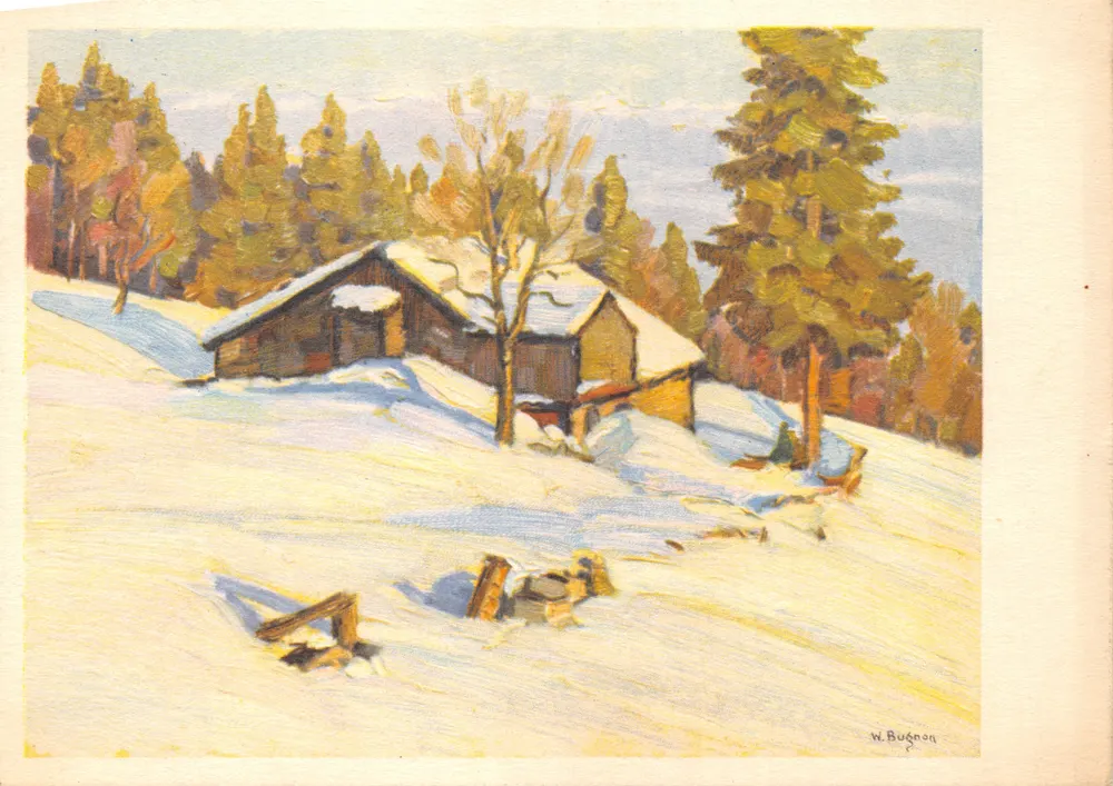 Winterlandschaft — schneedecktes Holzhaus inmitten eines Waldes — W. Bugnon - Vorderseite