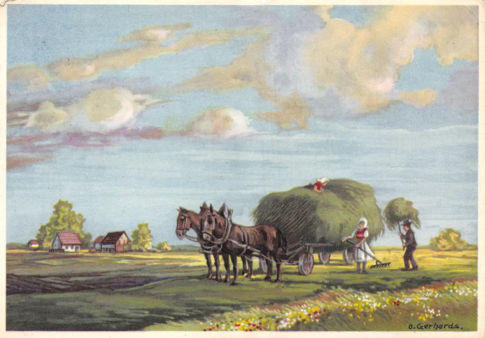 Scène de moisson — char à deux chevaux chargé de foin — dessin de O. Gerhards - Recto