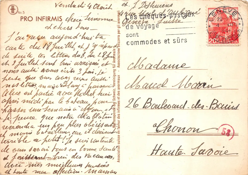 Blütenstrauß aus Lilien — Malerei auf Ansichtskarte — PRO INFIRMIS, Nr.5 - Rückseite