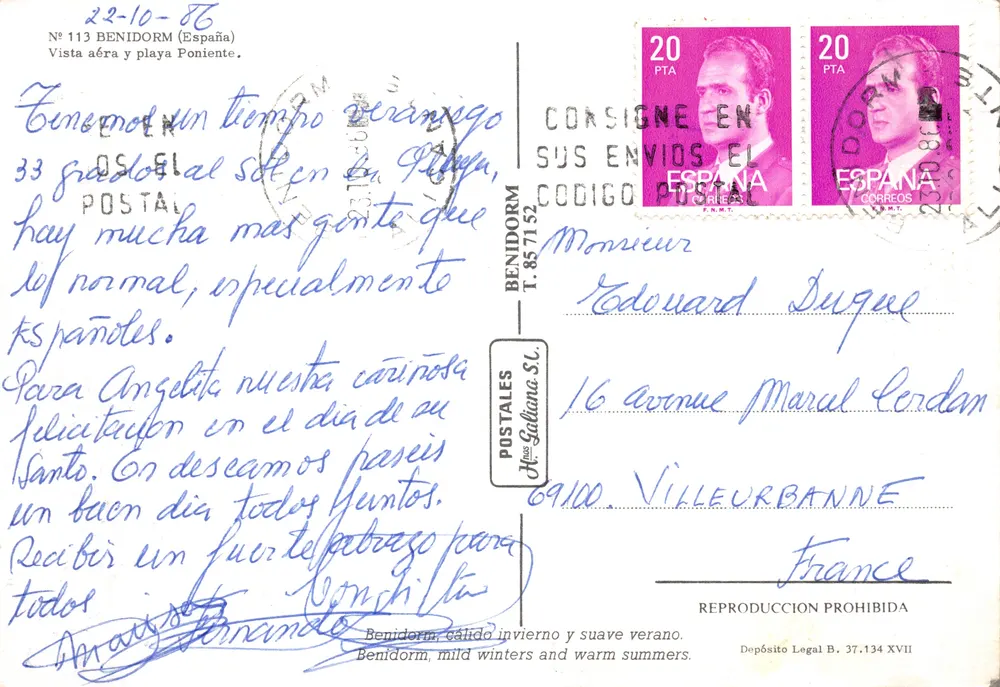 Benidorm — Luftbild der Poniente-Bucht — Verlag POSTALES Benidorm S.L. Nr. 113 - Rückseite