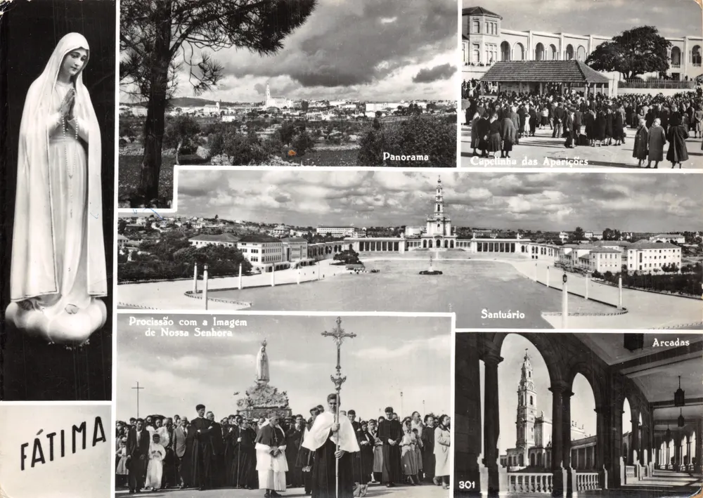Fátima — Panorama, Prozession, Heiligtum und Arkaden — Verlag Fátima, Nr. 301 - Vorderseite