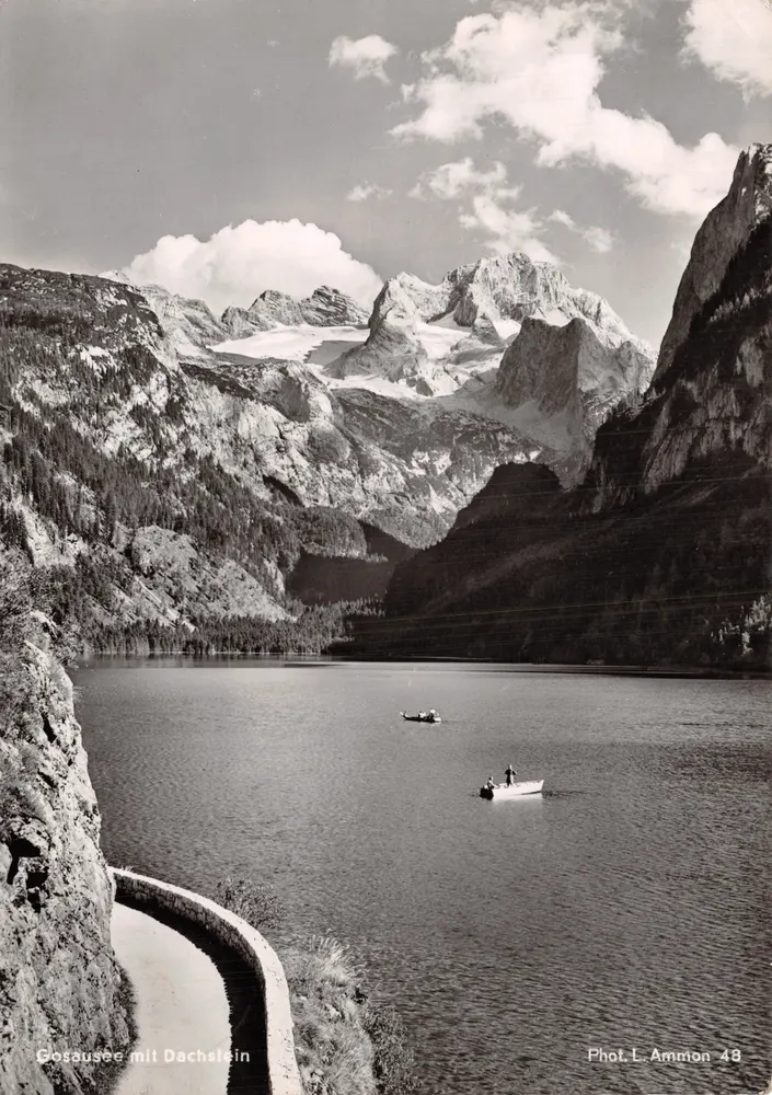 Gosausee mit Dachstein — Ansicht eines Sees, umgeben von schneebedeckten Bergen, Verlag Phot. L. Ammon 48 - Vorderseite
