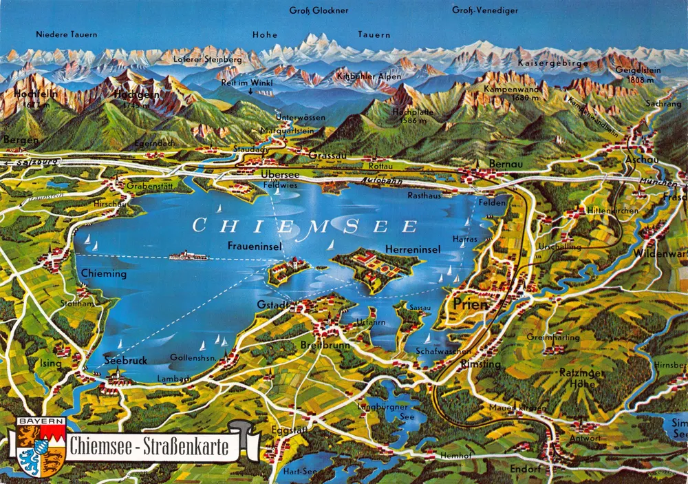 Chiemsee — carte routière illustrée — éditeur Müller Prien - Recto