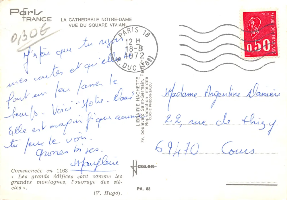 Notre-Dame de Paris — Ansicht des Square Viviani — Verlag Hachette, Nr. PA. 83 - Rückseite