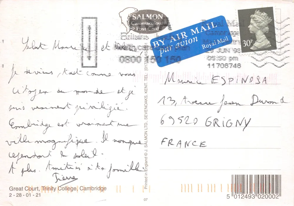Trinity College, Cambridge — Portal und gotisches Gebäude — Verlag SALMON Camera Colour Post Card - Rückseite