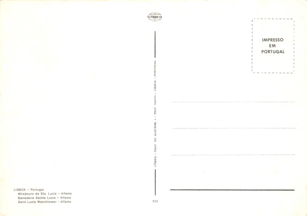 Ansicht von Lissabon — Miradouro de Santa Luzia — Verlag COMÉR, Nr. 513 - Rückseite