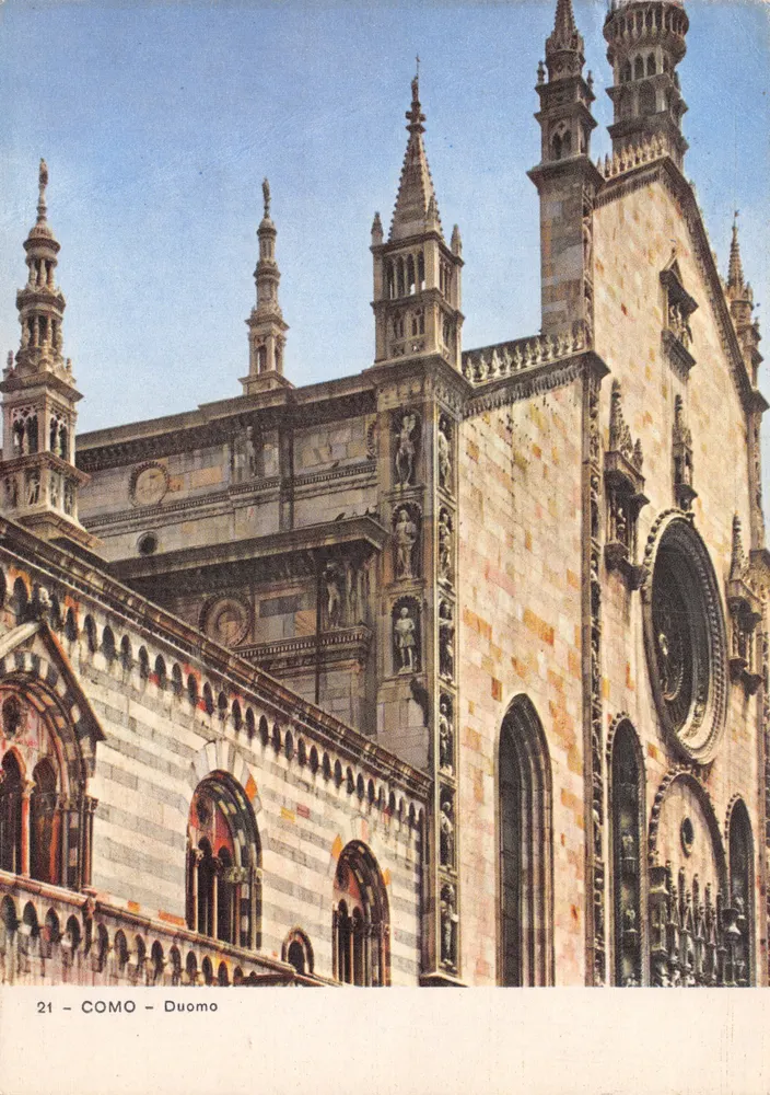 Como - Duomo — façade gothique ornée de statues et rosace, éditeur '21 - COMO - Duomo' - Recto