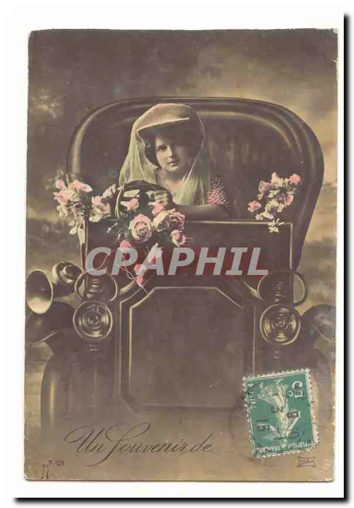 Frau am Steuer eines Autos — Blumendekor — n°7001 - Vorderseite