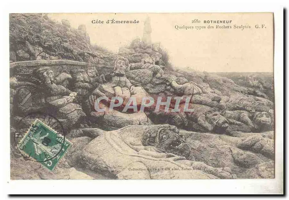 Côte d'Émeraude — Alcuni tipi dei Rochers Sculptés — Rotheneuf G.F. n°2680 - Recto