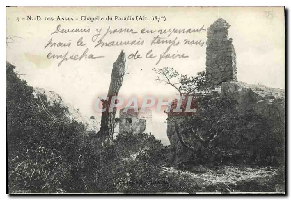 N.-D. dos Anjos - Capela do Paraíso (Alt. 587m) — ruínas e paisagem montanhosa — editor não identificado, n° de série 9 - Frente