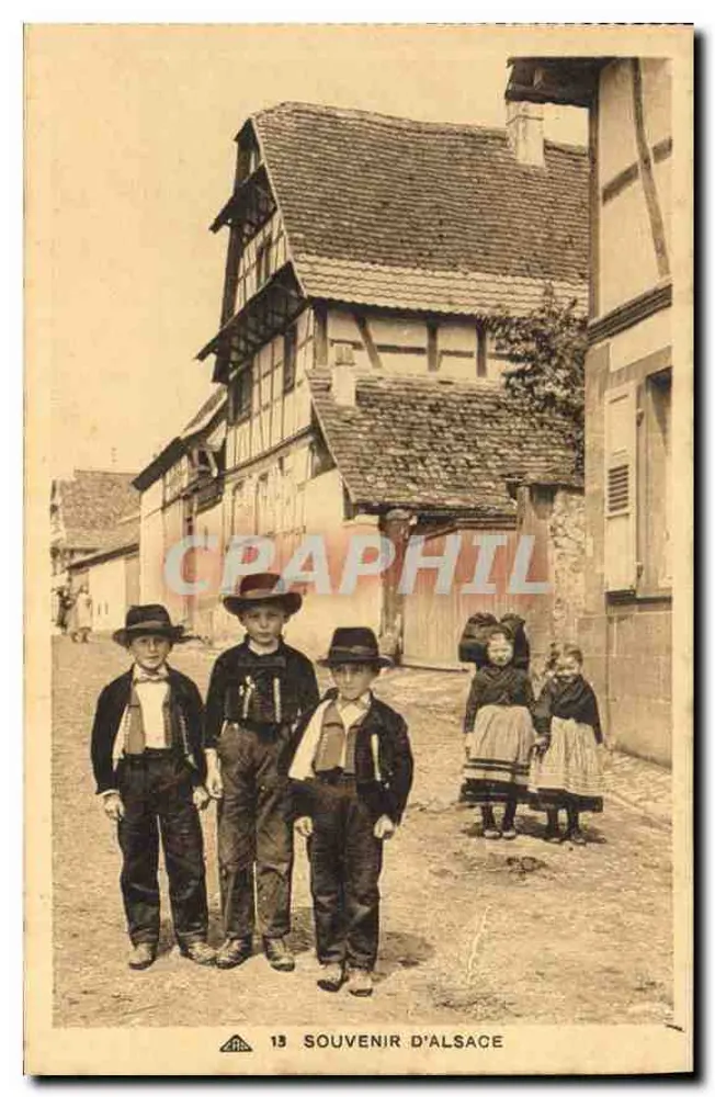 Crianças em traje alsaciano — Lembrança da Alsácia — n°13 — editor: Q° dos Ati.J Fotomecânicas Straßburg-Schiltigheim - Frente