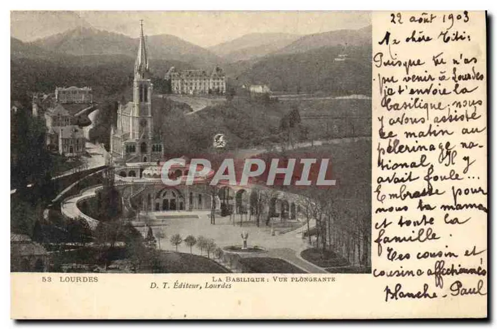 Lourdes — A Basílica: Vista aérea — D. T. Editor, Lourdes, n° 58 - Frente