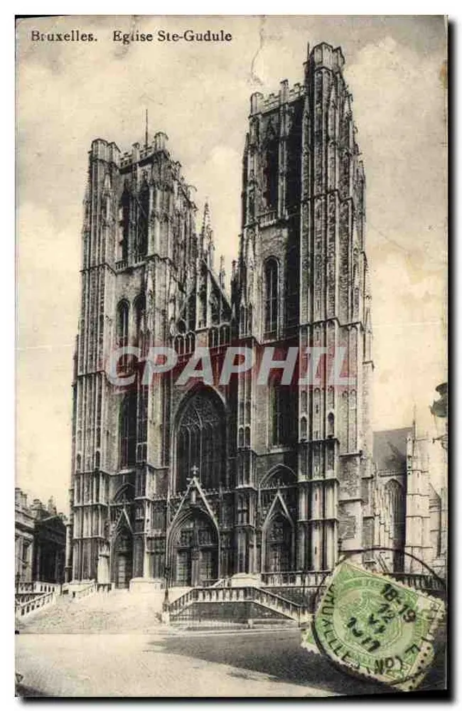 Bruxelles. Église Ste-Gudule — vue de la façade gothique avec ses deux tours — éditeur anonyme, n° de série non lisible - Awers