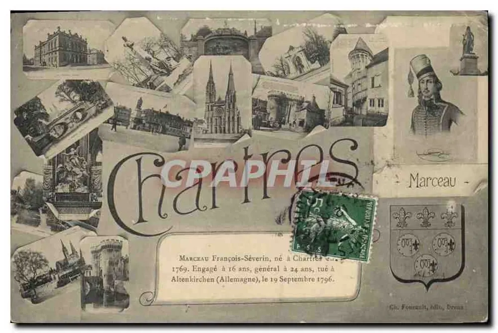 Chartrés — Collage de vues locales et portrait de Marceau — Gh. Fonceault, édit., Droux - Frente
