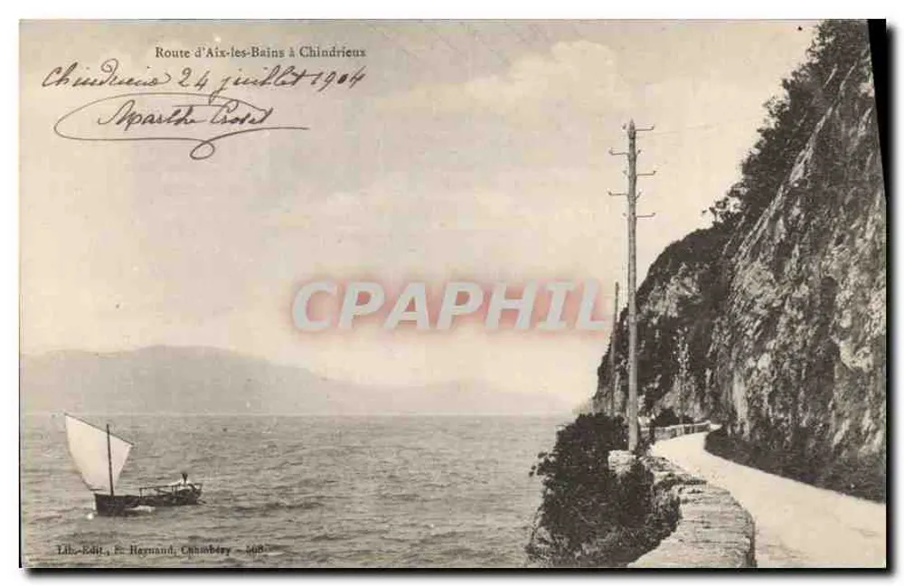 Rodovia de Aix-les-Bains para Chindrieux — vista costeira com vela — Litho-Edit. F. Heymand, Cébazan - n° 268 - Frente