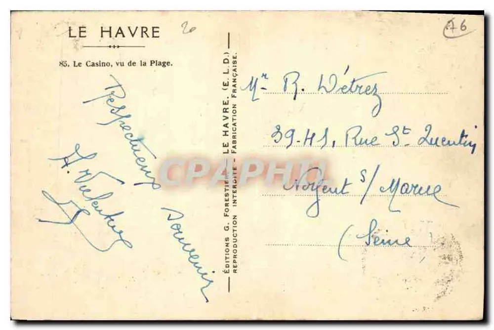 Das Casino, gesehen von der Strandpromenade — Le Havre — Éditions G. Forestiére - Rückseite