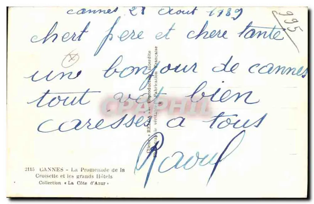 Cannes — Die Promenade de la Croisette und die großen Hotels — Sammlung « La Côte d'Azur » — Verleger Rella - Rückseite