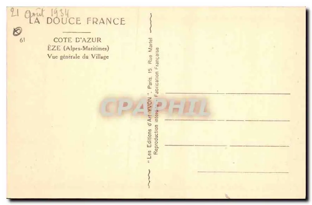 Éze — Vue générale du Village — Éditions d'Art Yvon - Verso