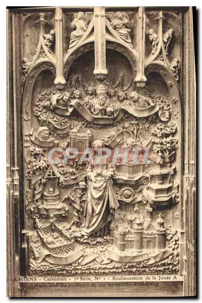 Amiens - Kathedrale - 7. Serie, Nr. 1 - Sockel der Jouée mit den Emblemen ihrer Unbefleckten Empfängnis - Vorderseite