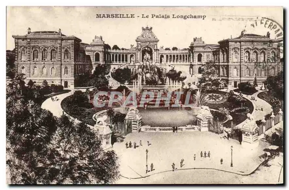 Marselha - O Palácio Longchamp — vista panorâmica com fonte central — editor não visível - Frente