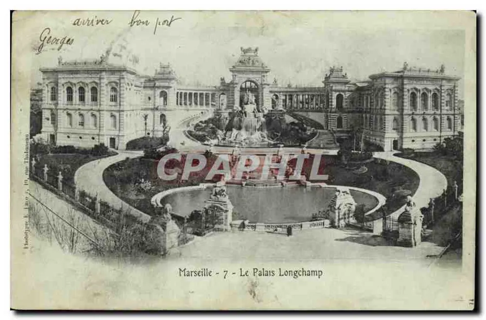 Marseille - 7 - O Palácio Longchamp — vista do jardim com fonte — editor Fototipia J. Bovy, W. de Thibon - Frente