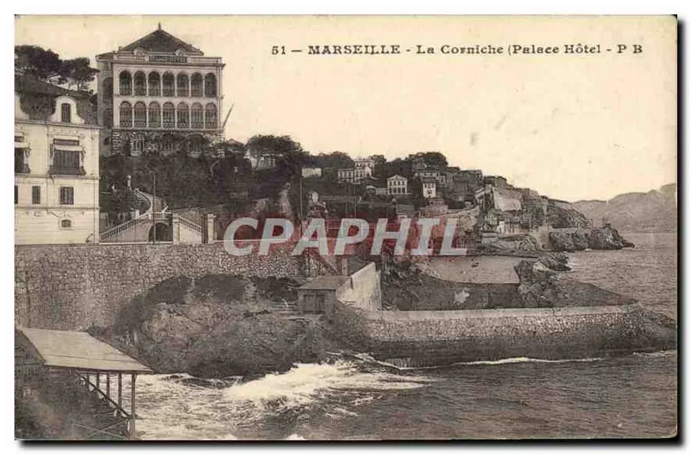Marselha - A Corniche (Hotel Palace) — vista do porto e do edifício — P B, n°51 - Frente