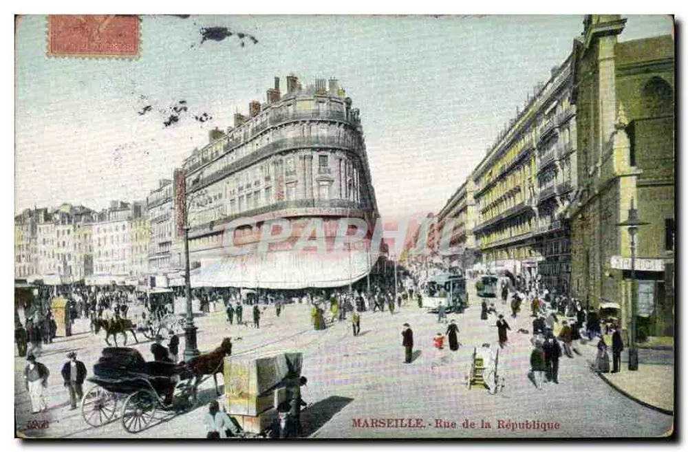 MARSÉLLE - Rue de la République — vista animada com carruagem e trem — Ed. Doek, n° 5026 - Frente