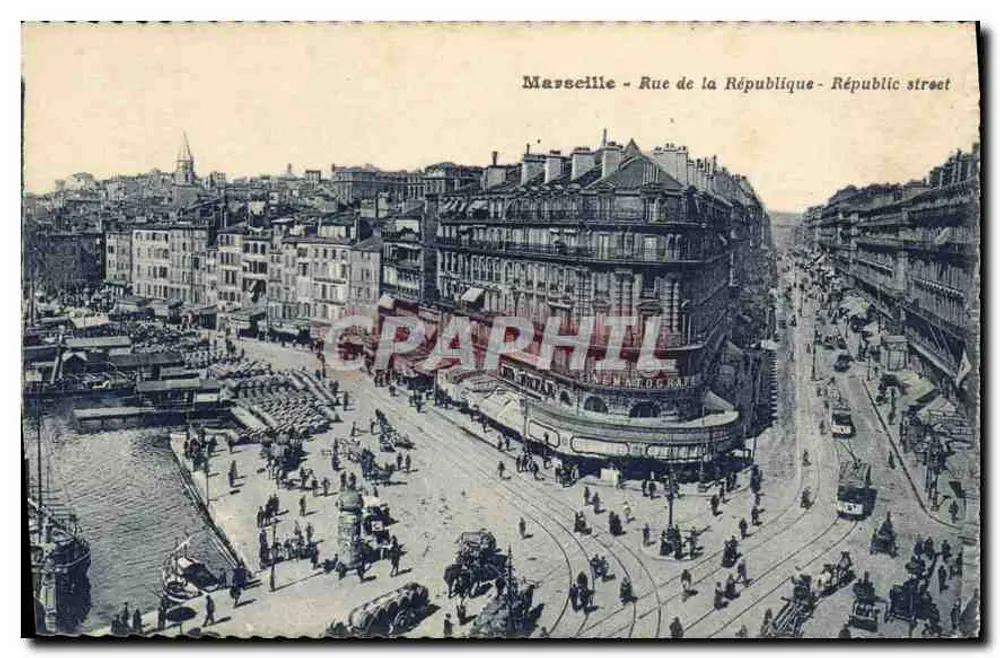 Marseille - Rue de la République - Via de la République — luchtfoto met trams en markt - Voorkant