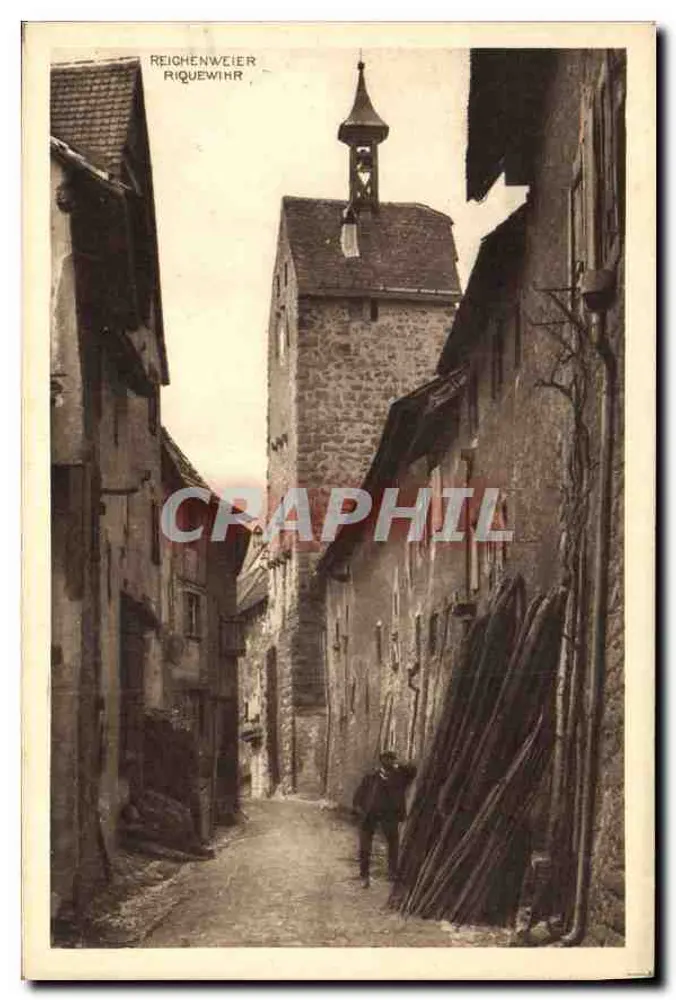 Riquewihr — rua estreita com torre com sino — editor Revue Almacienne, Strasbourg - Frente