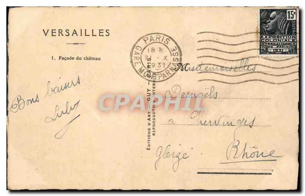 Versailles — Facha do castelo — Edições d'Art Guy, n°1 - Verso