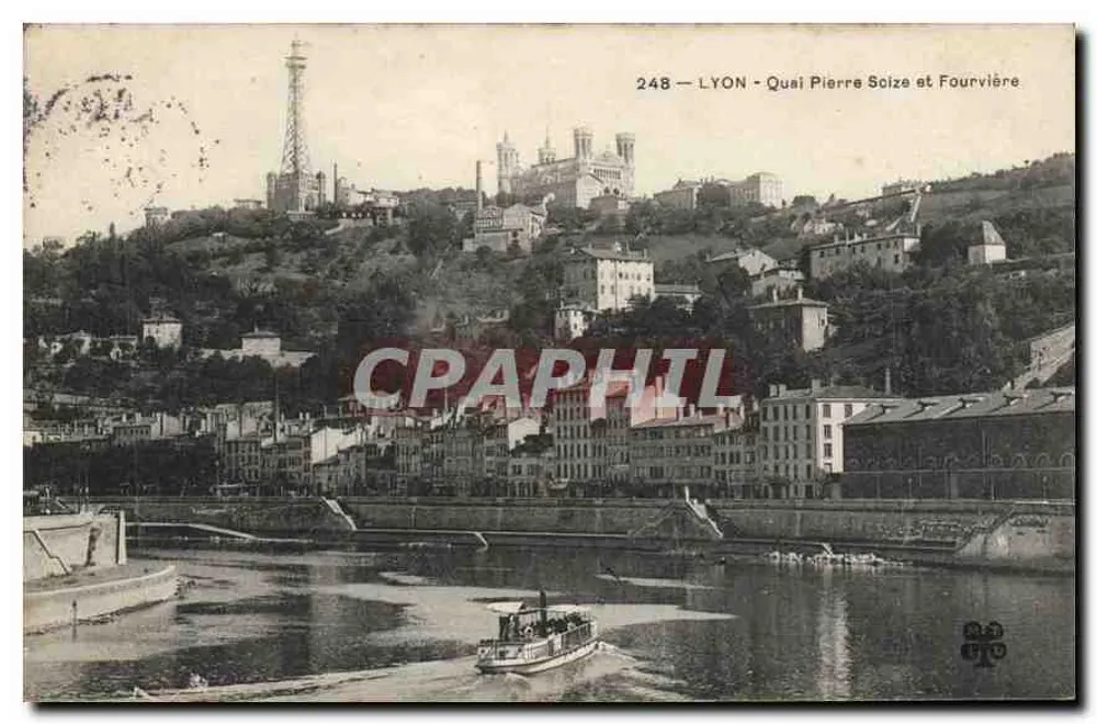 LYON - Quai Pierre Soize e Fourvière — vista do rio Rhône com barco — editor anônimo, n° 248 - Frente