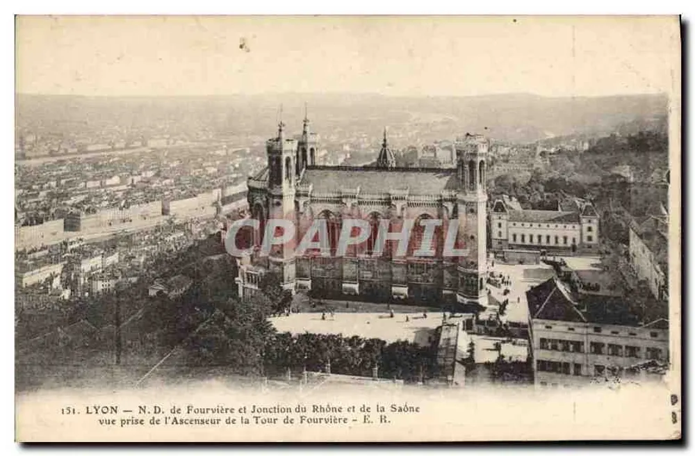 LYON — Notre-Dame de Fourvière und Verbindung des Rhône und Saône — Aussicht vom Aufzug der Fourvière-Turm — E. R. — n° 151 - Vorderseite