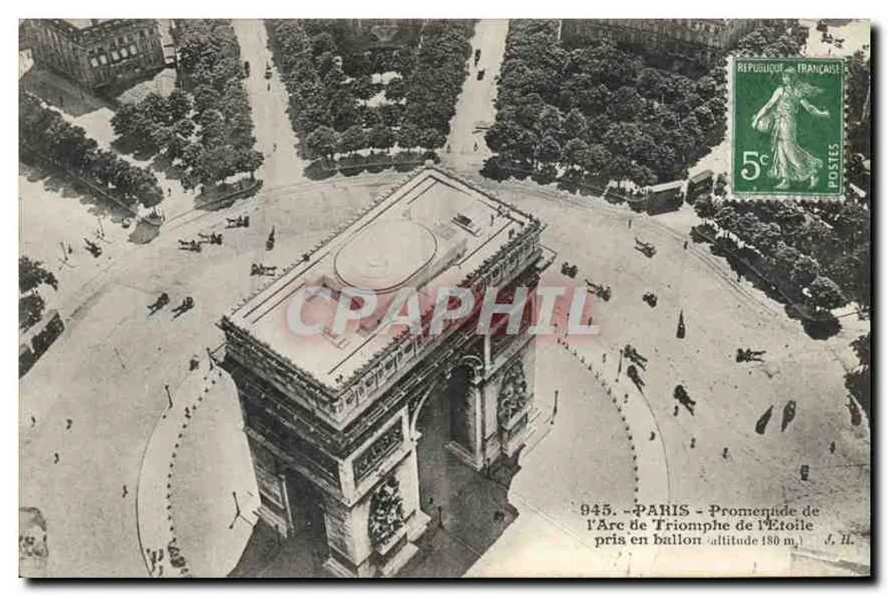Paris - Promenade am Arc de Triomphe de l'Étoile - aus einem Ballon aufgenommen (Höhe 180 m) - J. H. - Vorderseite