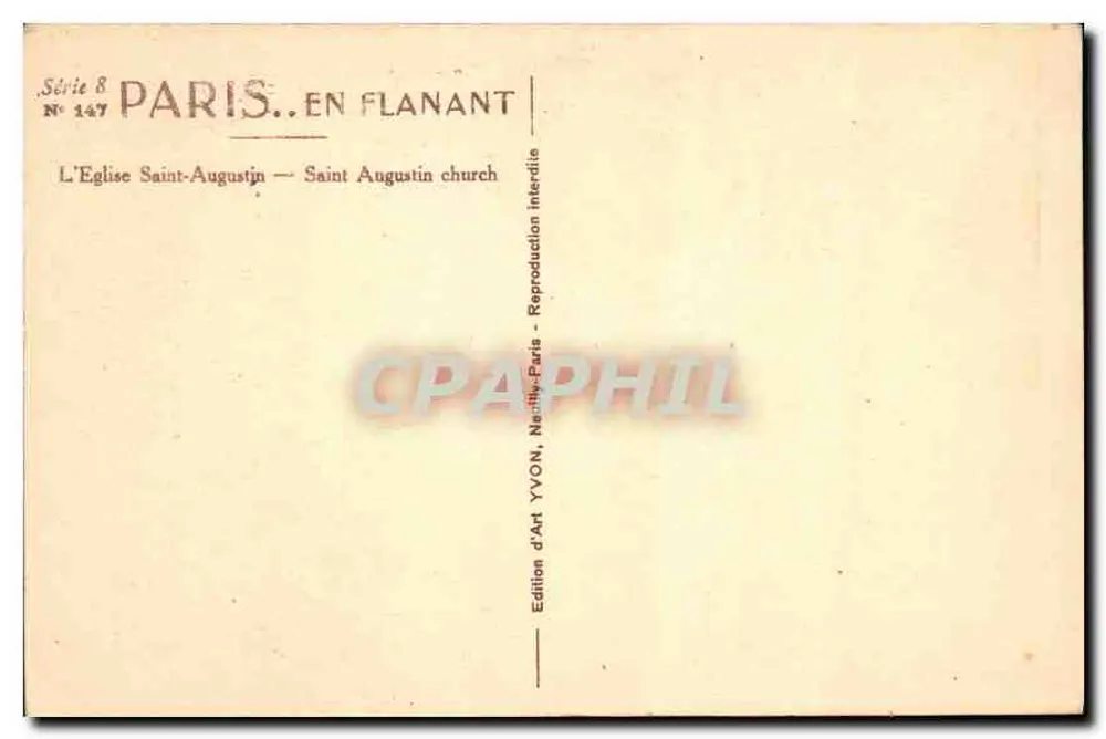 Paris. — A Igreja de São Agostinho — Edição de Arte YVON, N° 147, Série 8 - Verso