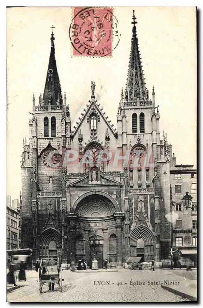 LYON - Igreja de São Nizier — vista da fachada gótica com duas torres, editor não identificado, n° de série 40 - Frente