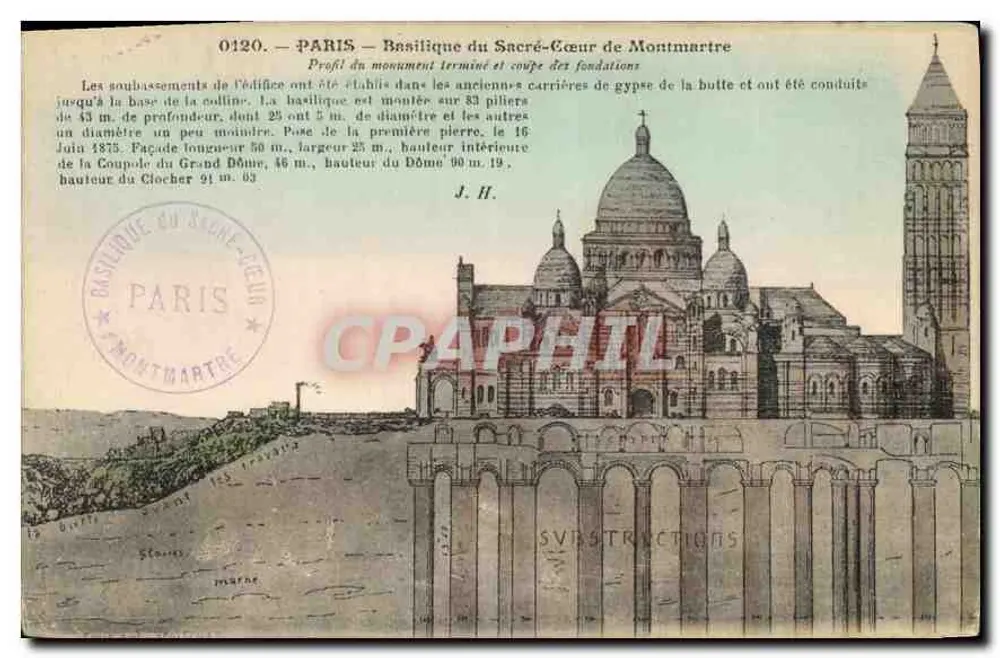 Paris — Basilika des Heiligen Herzens von Montmartre — Profil des fertiggestellten Bauwerks und Fundamente — J. H. - Vorderseite