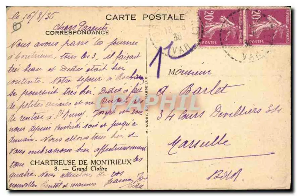 Chartreuse de Montrieux — Grande Claustro — M. Audry, Ed. Marseille - Verso