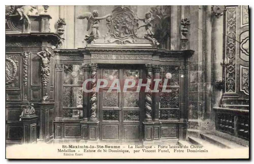 St-Maximin-la-Ste-Baume — Die Basilika — Seitenportal des Chors, Medaille — Ekstase des hl. Dominikus, von Vincent Funel, Dominikaner - Vorderseite