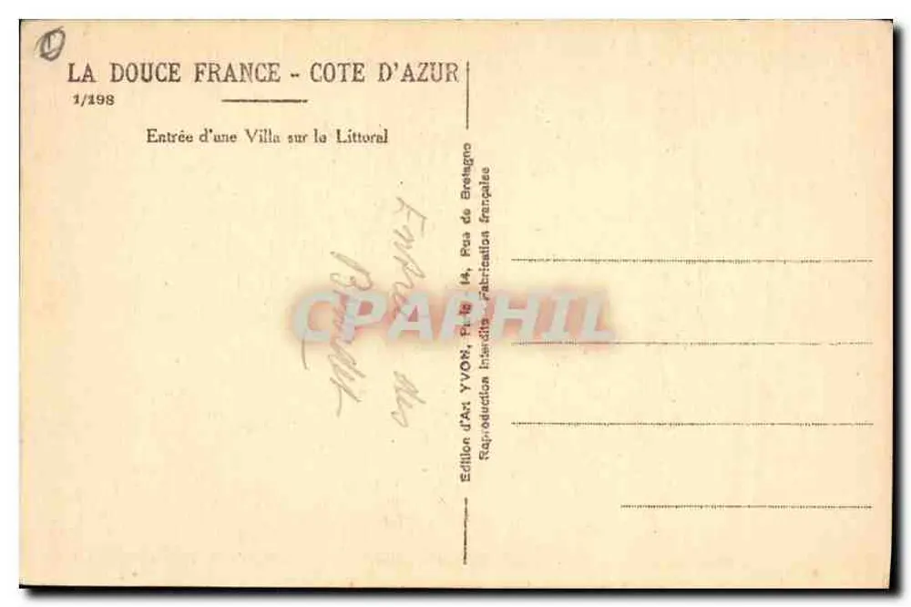 Eingang einer Villa an der Küste — La Douce France - Côte d'Azur — Kunstausgabe YVON, 1/198 - Rückseite