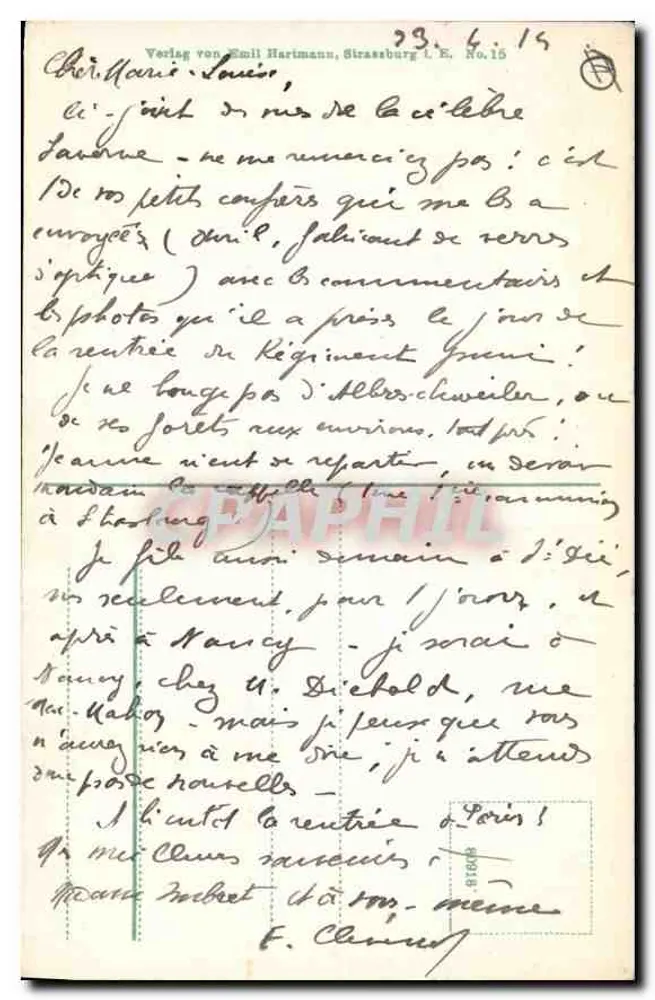 कार्ल्सप्रुंग ज़ाबर्न के पास — प्रकाशक एमिल हार्टमैन, स्ट्रासबर्ग, संख्या 15 - पीछे