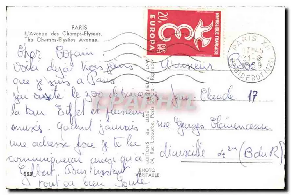 Champs-Élysées — vista panorâmica em direção ao Arco do Triunfo — Editor Estel, n°258 - Verso