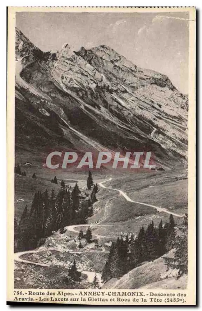 Les Lacets sur la Giettaz et Roche de la Tête (2485m) — Route des Alpes — ANNECY-CHAMONIX — n°786 — éditeur L. Norand, Mégeve - Frente
