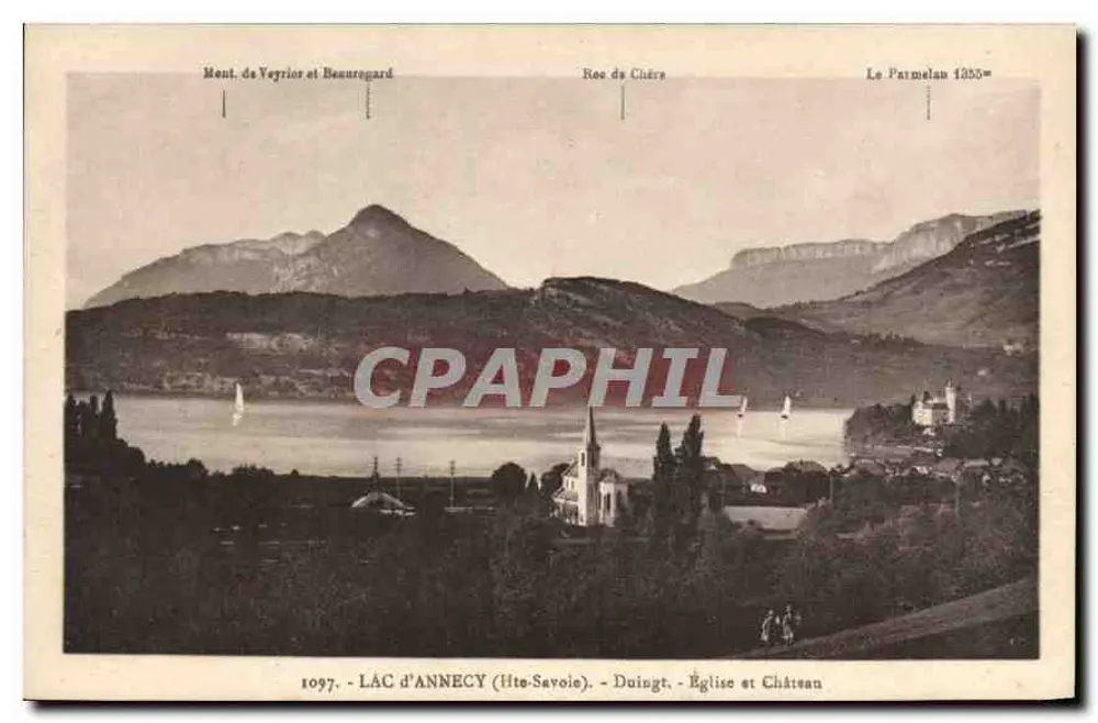 See Annecy — Panoramablick mit Bergen, Kirche und Schloss — L. Faurie, Verlag, in Annecy (Haute-Savoie) - Vorderseite