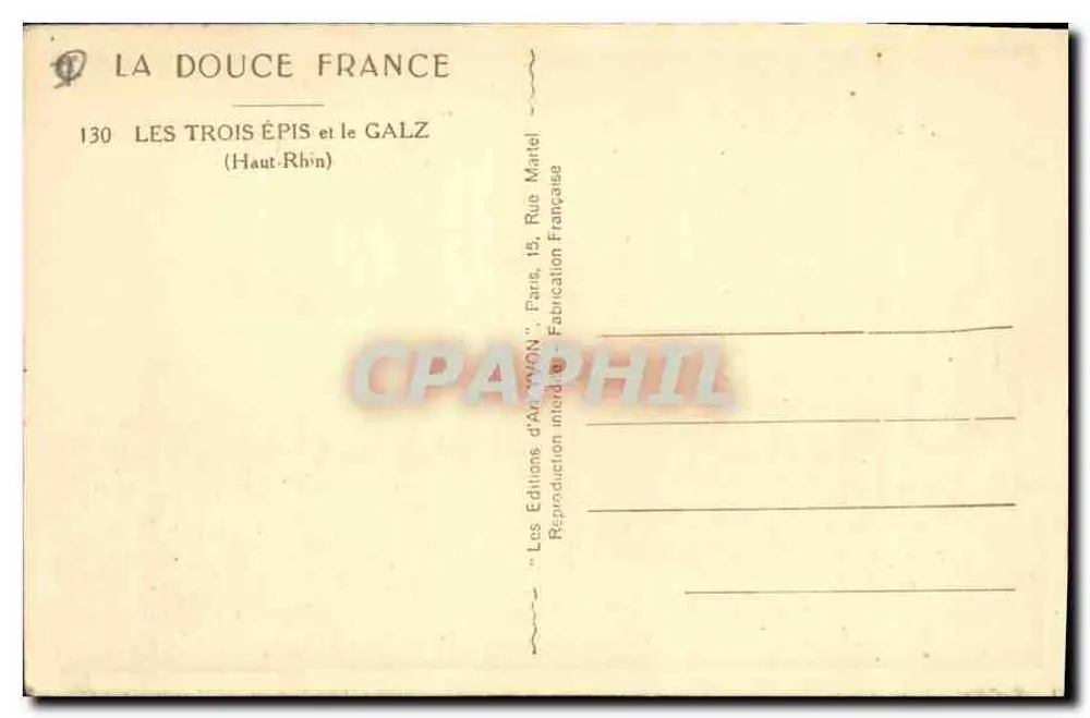 Les Trois Épis et le Galz — Haut-Rhin — Éditions d'Art 'WON' Paris - Verso